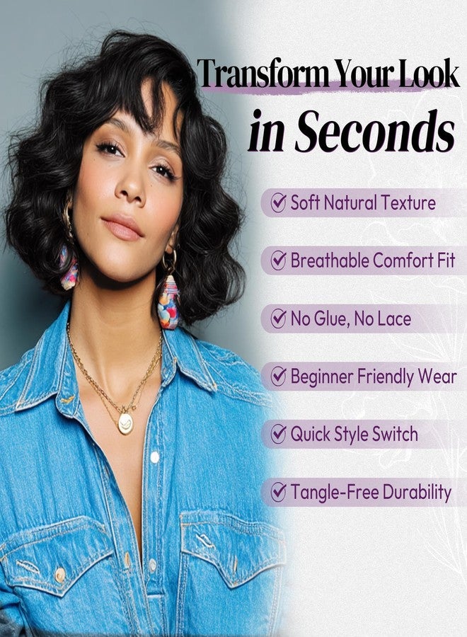 BARSDAR Short Wavy Black Wig with Bangs - Short Black Wavy Wigs for Women - Soft Synthetic Textured Curly Chic French Bob Wig with Face-Framing Bangs Natural Looking Daily Party Halloween - Image 3